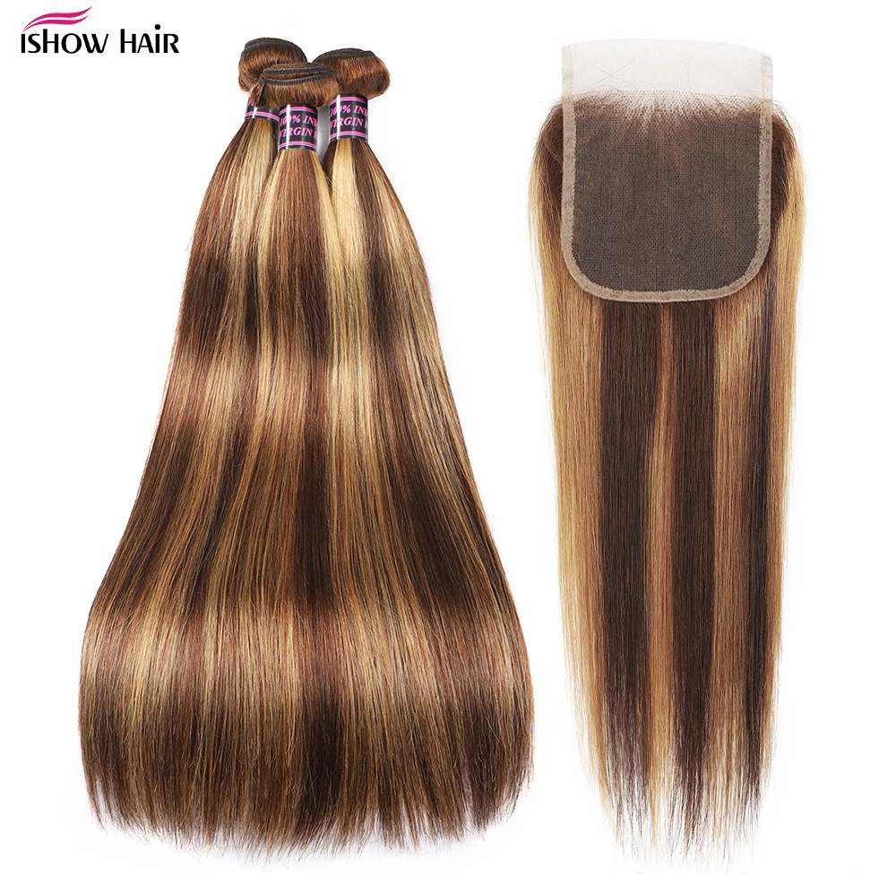 Ishow Highlight Bone Straight Bundles con chiusura P4/27 fasci di tessuto per capelli brasiliani di colore con chiusura in pizzo trasparente 4x4