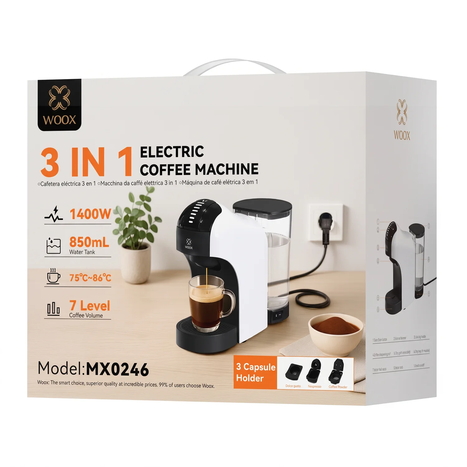 Woox Mx0246: 3-in-1 koffiezetapparaat voor zowel koffiecapsules als gemalen koffie. |     Elektrische koffiemachine van 1400 W met een waterreservoir van 850 ml. |     Compatibel met Dolce Gusto en