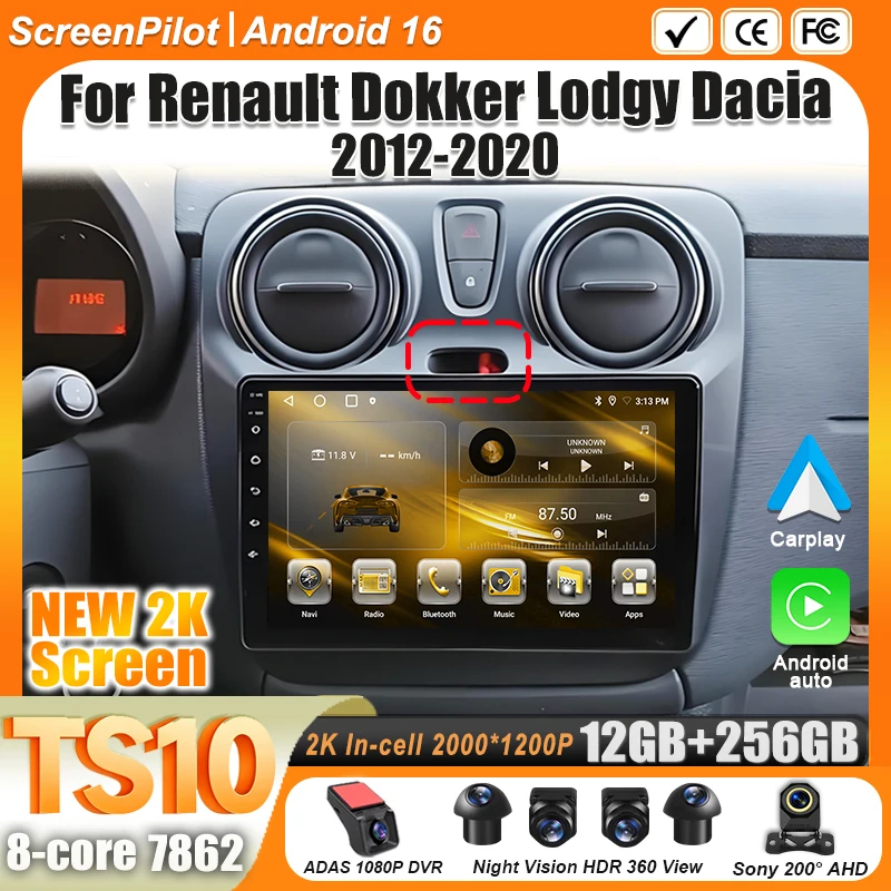 Android 16 para Rádio de Carro Renault Dokker Lodgy Dacia 2012-2020, Reprodutor de Vídeo Multimídia 2 din, Tela Touch Carplay, 8 Núcleos, Wifi 5G