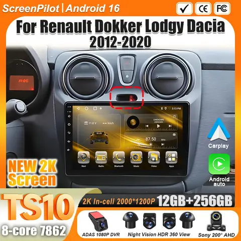 Android 16 per Autoradio Renault Dokker Lodgy Dacia 2012-2020, Lettore Multimediale Video 2 Din, CarPlay, Schermo Touch, 8 Core, WIFI 5G
