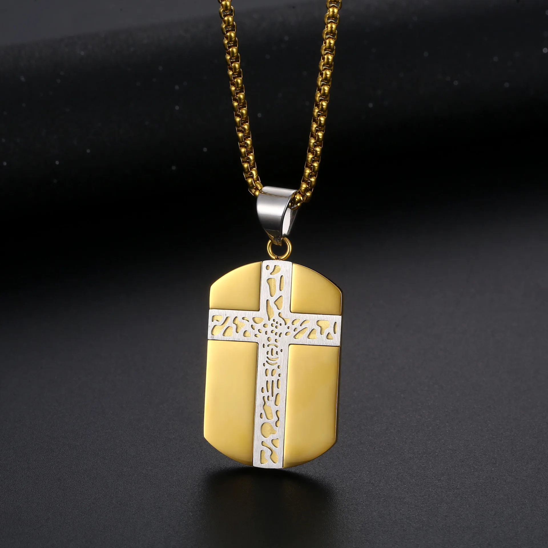Mens Cool Stainless Steel Cross Pendant Necklace Golden Black Silvery Optional, High-end Long Necklace With 3mm Rope Chain