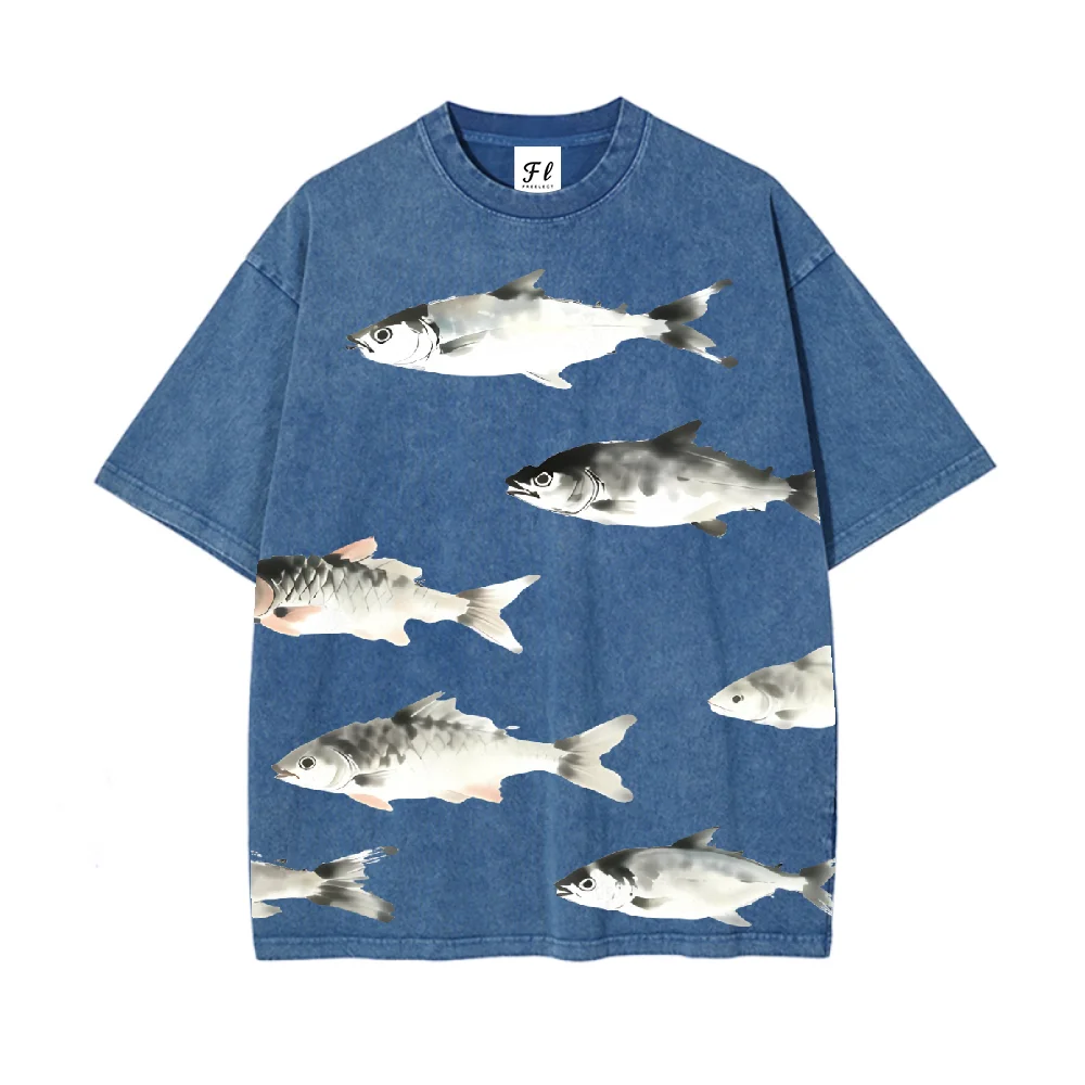 T-shirt oversize lavata vintage dal design unico di pesci inchiostro con arte di pesci acquatici e atmosfera retrò Un must per gli appassionati di moda