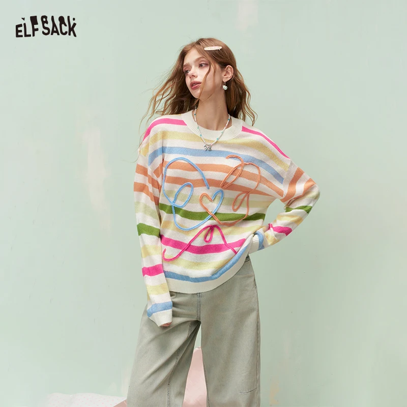 

ELFSACK Colorful Striped Sweater with Embroidery, Loose Fit Patchwork Pullover, Cute Oversized Knit Tops for Women