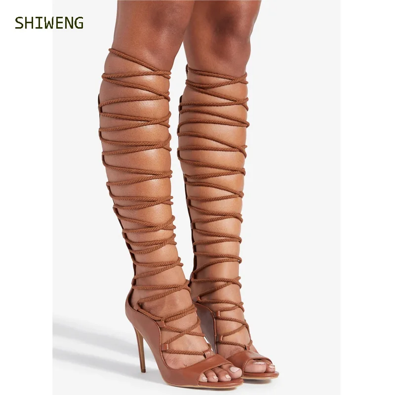 

Summer Sestito Woman Sexy Rope Cross-tied Cut-outs Gladiator Sandals Boots Ladies Peep Toe High Heels Knee High Boots 44