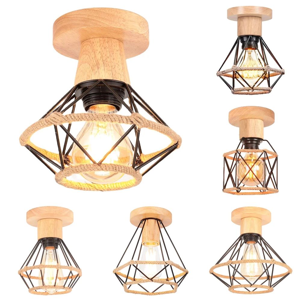 

Винтажный деревянный потолочный светильник в индустриальном стиле с абажуром из конопляной веревки, ретро-лампа для гостиной, кухни, домашнего декора, E27
