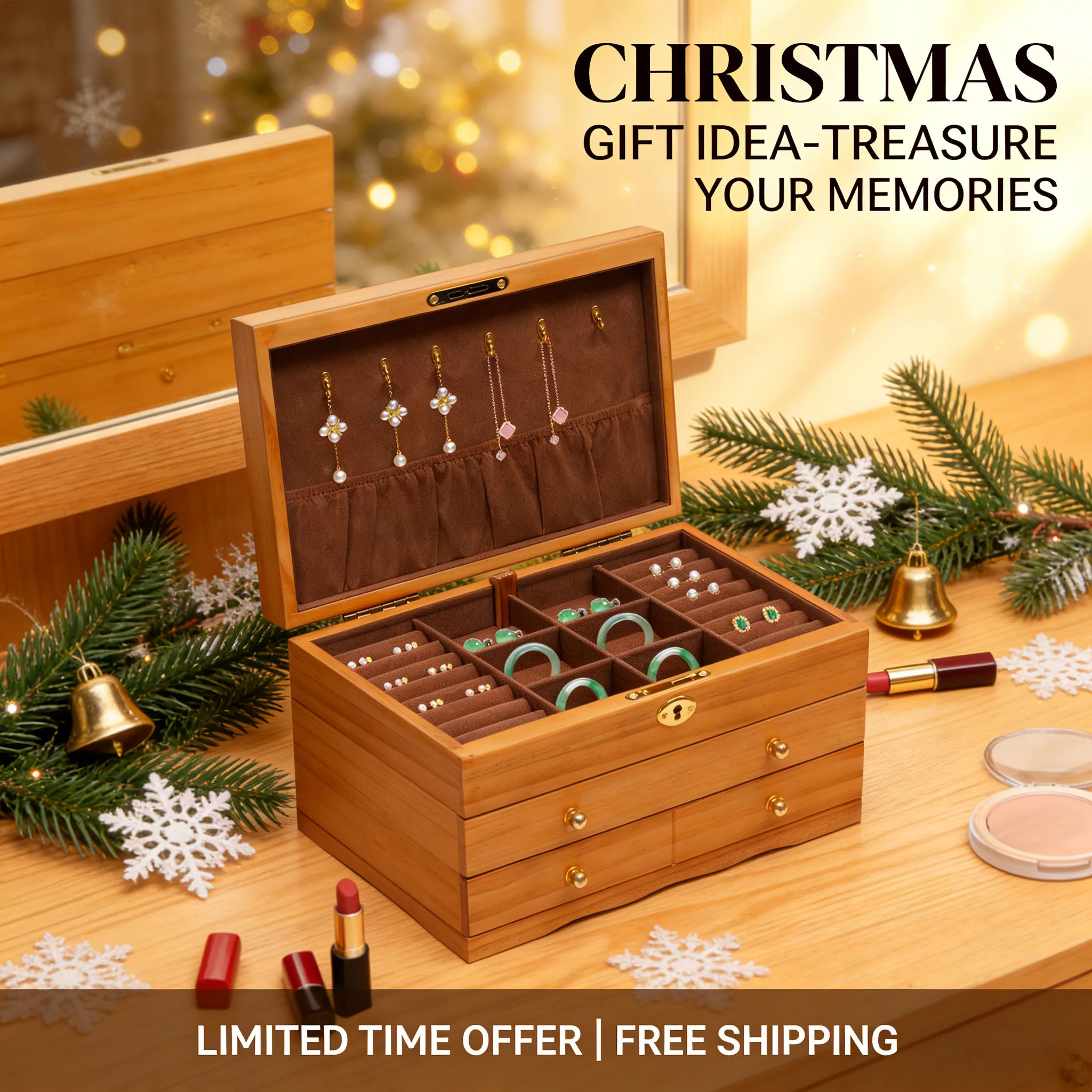 

3 Layers Wooden Storage Box, Hanging Hook Design, Jewelry Organizer for Home and Shop, Christmas Gift Packaging, Natural Wood