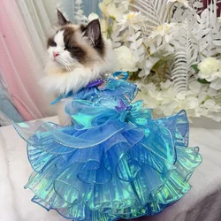 Handmade Mermaid Princess Pet Dress Dog Clothes Shimmering Blue Sea Inspired for Parties Holiday Photoshoots Cute Cat Costume