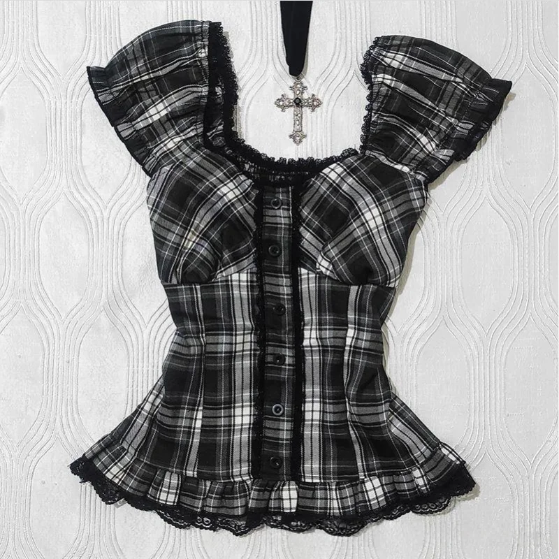 Women'S Fashion From The 90S - Vintage Cutecore Plaid Top Square Neck
