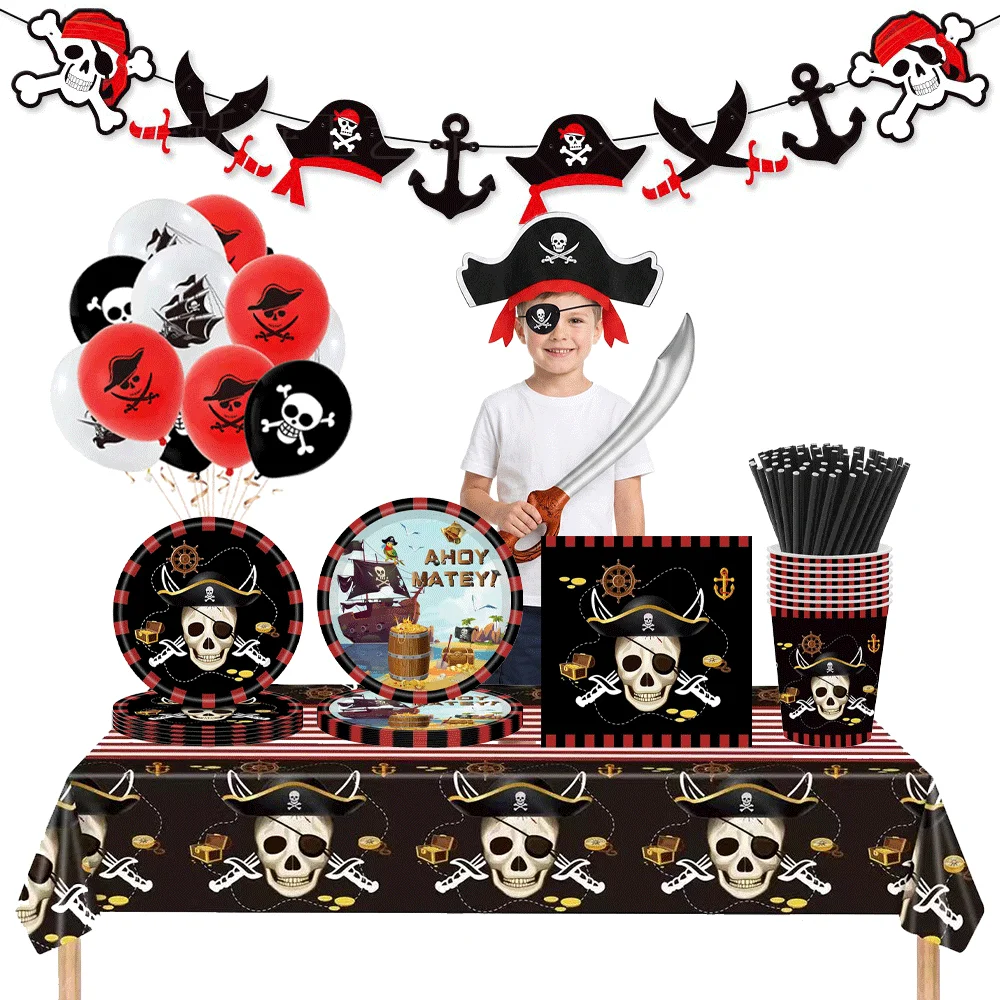 Piraten-Themenparty-Zubehör Totenkopf-Geburtstagsdekorationen Pappteller Becher Servietten Tischdecke Ballons Halloween-Geschenke Requisiten-Sets