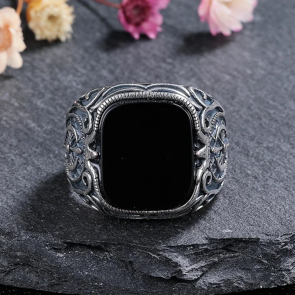 Srebrny Pierścionek z Naturalnym, Prostokątnym, Dużym, Czarnym Agatem 12*14mm, Pierścionek Vintage dla Kobiet, na Imprezę, Rocznicę, Prezent — zdjęcie 2
