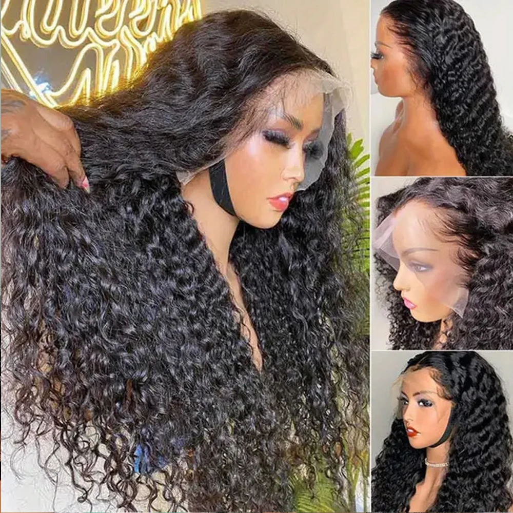 Perruque Lace Front Wig sans colle naturelle, cheveux humains, Deep Curly, HD, 13x4, 13x6, pre-plucked, densité 250%, pour femmes