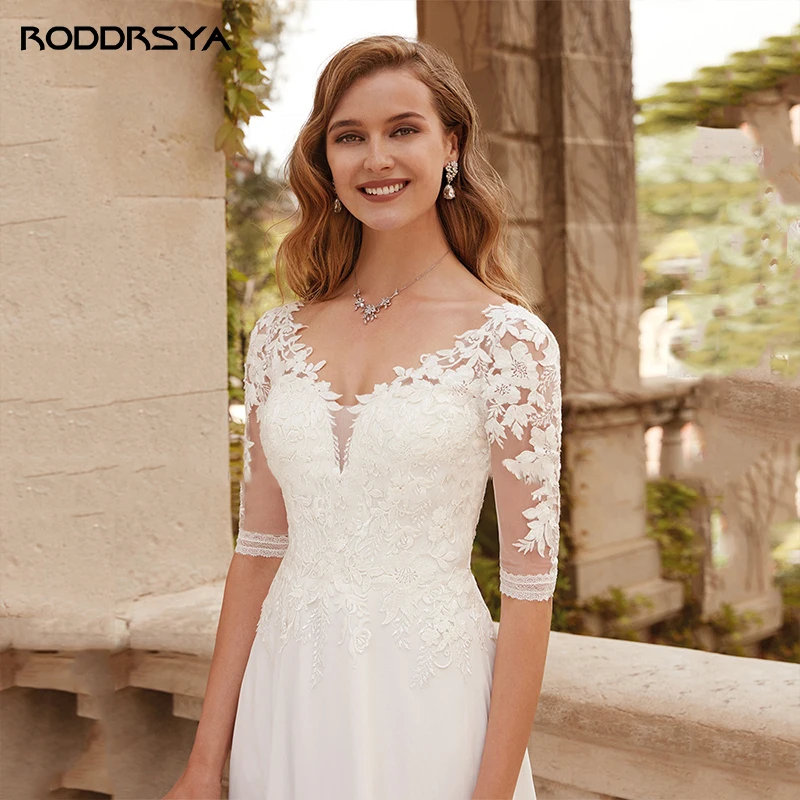 Roddrsya Elegante Halve Mouwen Bridal Jurken Delicate Kant Applicaties Trouwjurk Chiffon Trein Robe De Mariee Bohème Voor Bruid