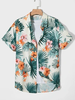 Camisa de lapela de manga curta com estampa botânica havaiana masculina e feminina, blusa de botão, moda casual, beira-mar