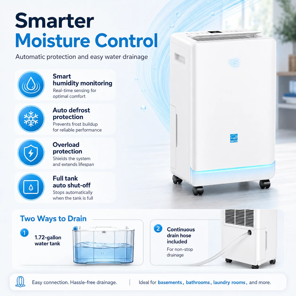 V3 Compressor Dehumidifier White 90° Adjustable Air Outlet Quiet 24H Timer Sleep Mode Child Lock Auto Continuous Dehumidifier Humidity Sensing 30‑80% Adjustable Humidity for Home Basement Bedroom Closet