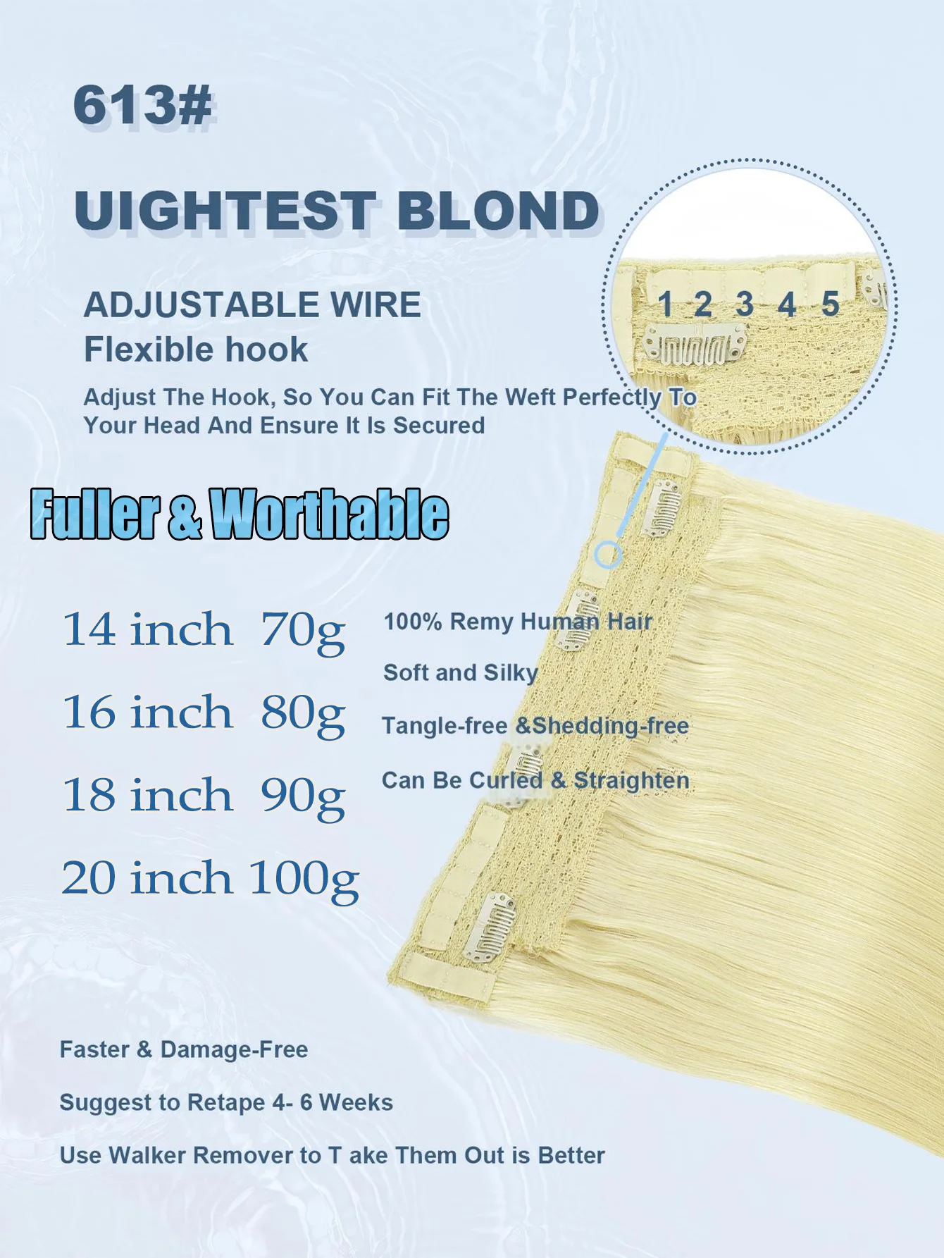 20 بوصة 100 جرام وصلات شعر هالة أشقر 100% شعر بشري مع سلك شفاف غير مرئي قابل للتعديل حجم مشبك آمن على قطعة الشعر #3