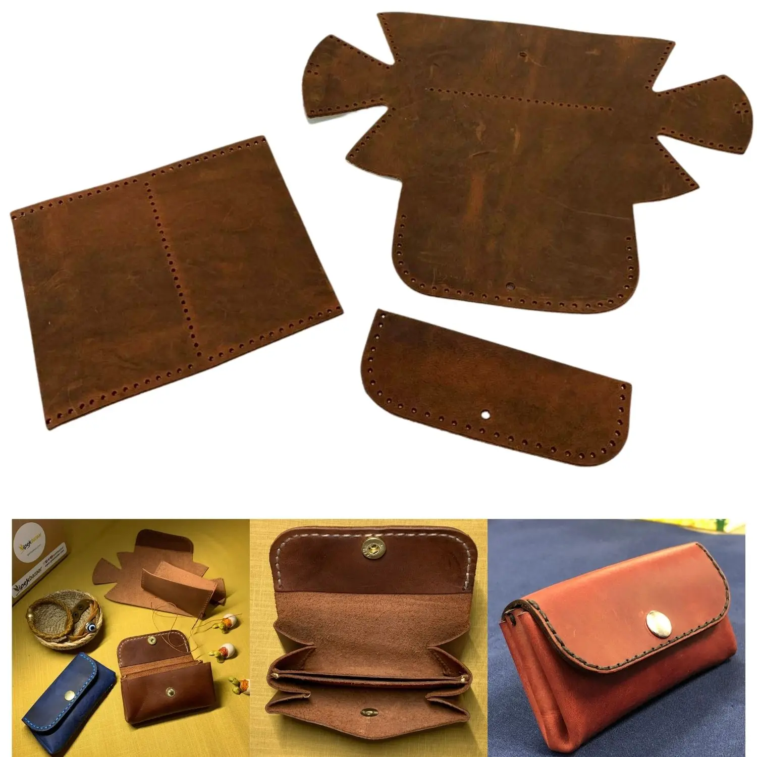 DIY Women's Mini Wallet Kit, Ready Cut Genuine Leather Pieces, Holes Ready for Hand Sewing, Press Cut According to Template