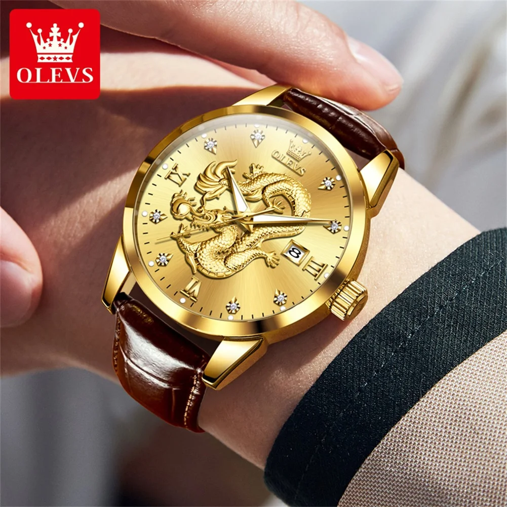 ساعة OLEVS 3619 بنمط التنين للرجال مقاومة للماء وساعات يد ماسية فاخرة كوارتز هدية عيد الميلاد