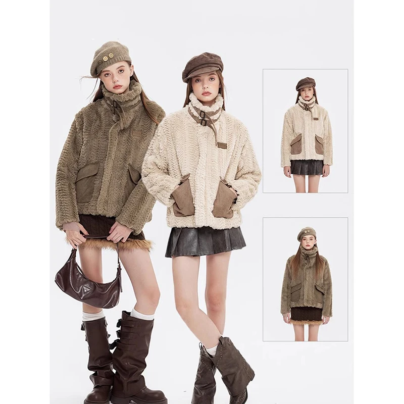 

American Retro Lamb Wool Cotton-padded Jacket Female Y2K Street Fashion Trend Stand Collar Warm Thickened Coat