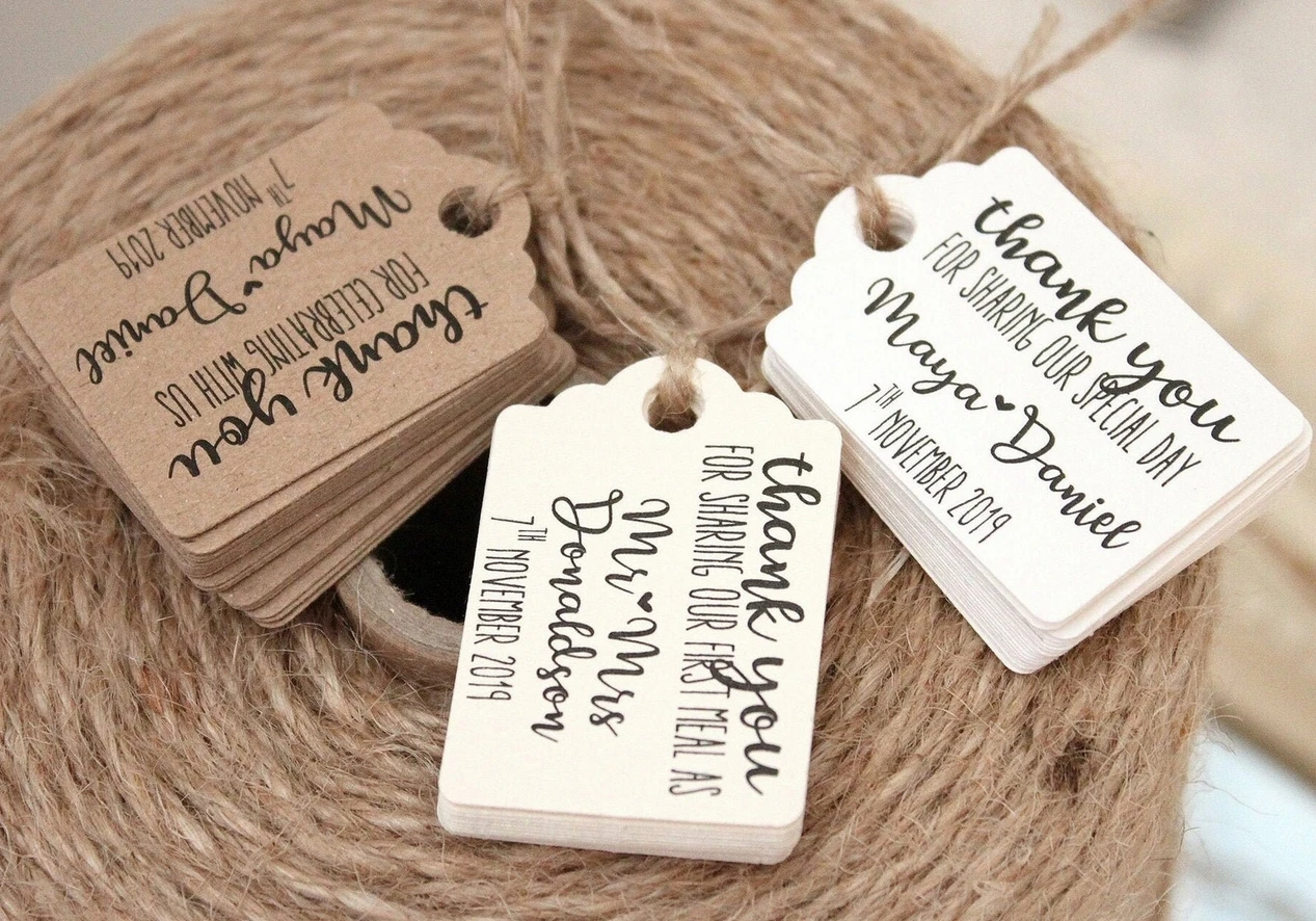 

50pcs small wedding tags favor labels thank you for sharing our first meal special day celebrating with us ivory kraftwhite