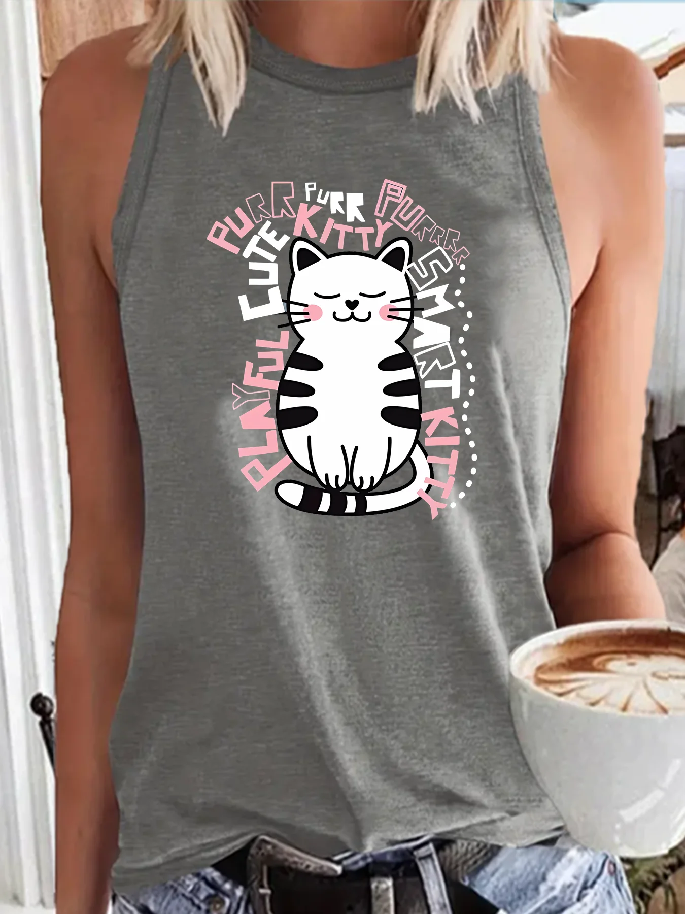 Playful Cute Purr Kitty Smart Kitty Summer Fashion Funny Sports Women's Tank Top Loose O Neck Sleeveless Casual Tank Top