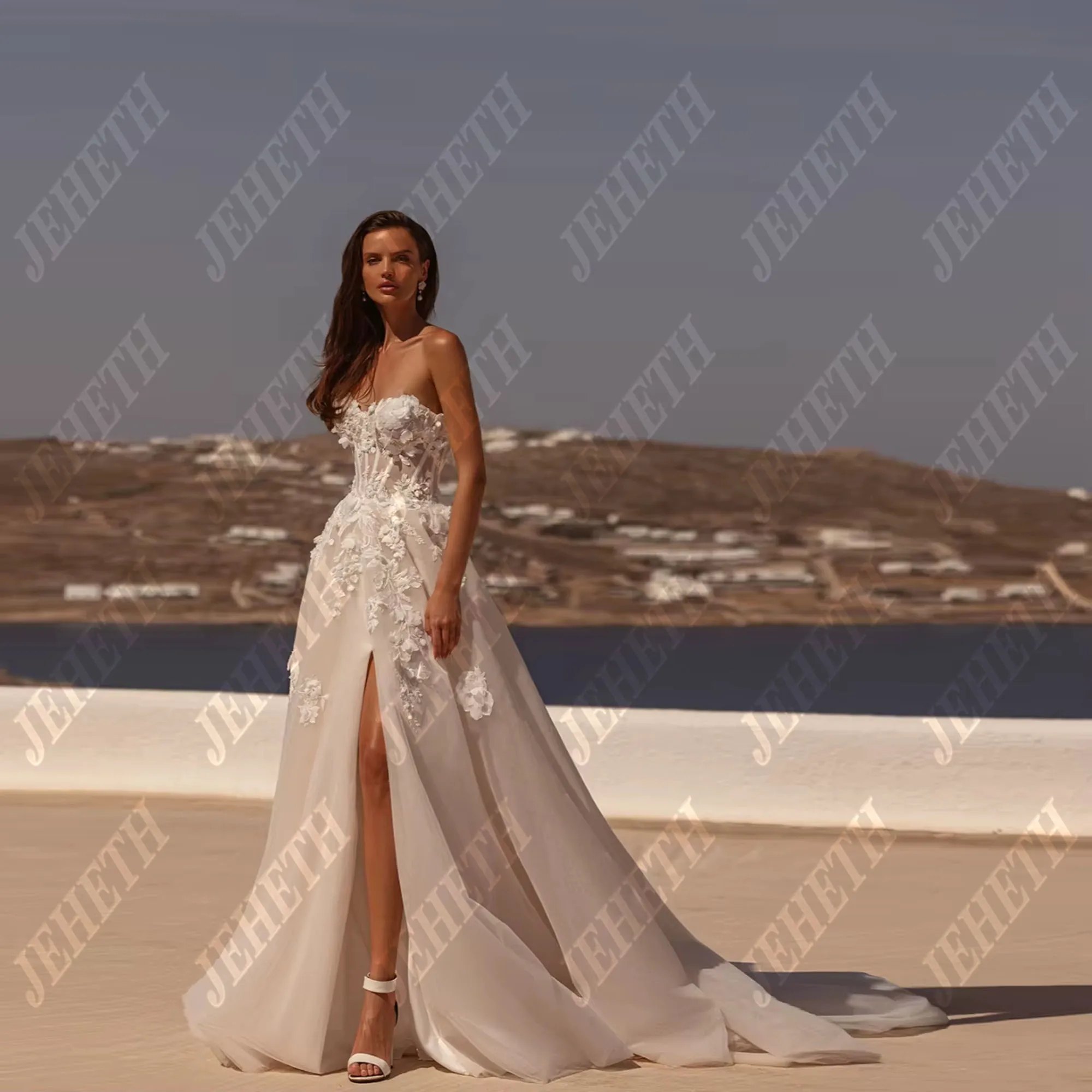 JEHETH โรแมนติก Sweetheart คอชุดแต่งงาน Charming ลูกไม้ Appliques 3D ดอกไม้ชุดเจ้าสาว Elegant ชุดสําหรับเจ้าสาวที่กําหนดเอง