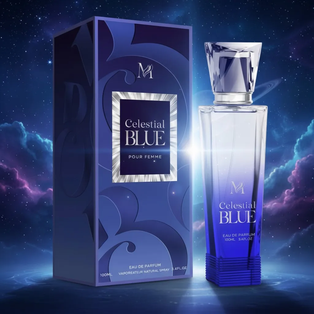 Celestial Blue Pour Femme 100ml - Montage Brands. Parfum pour femme Eau de Parfum de la famille florale fruitée et fraîche, avec des notes de bergamote, de fleur d'oranger, de jasmin doux et une base de musc douce.