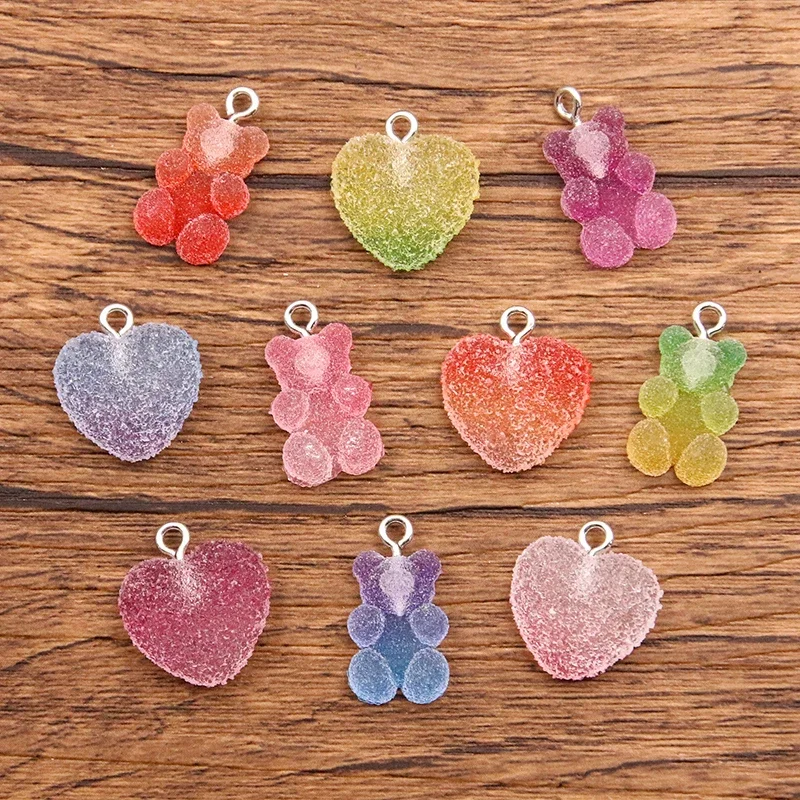 Breloques en forme d'ours et de cœurs colorés, 20 pièces, mélange de tailles, Cabochons en résine, paillettes, bonbons gommeux, collier, porte-clés, pendentif, accessoires de fabrication DIY
