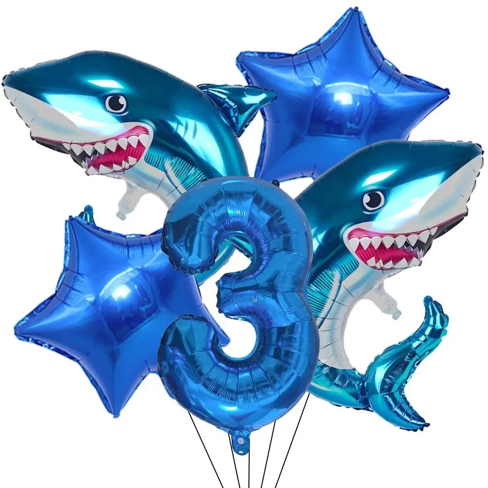 Ensemble de ballons numériques avec chiffres de requin bleu, 5 pièces, animaux marins océan pour garçons, fournitures de décoration pour fête d'anniversaire, cadeaux pour enfants