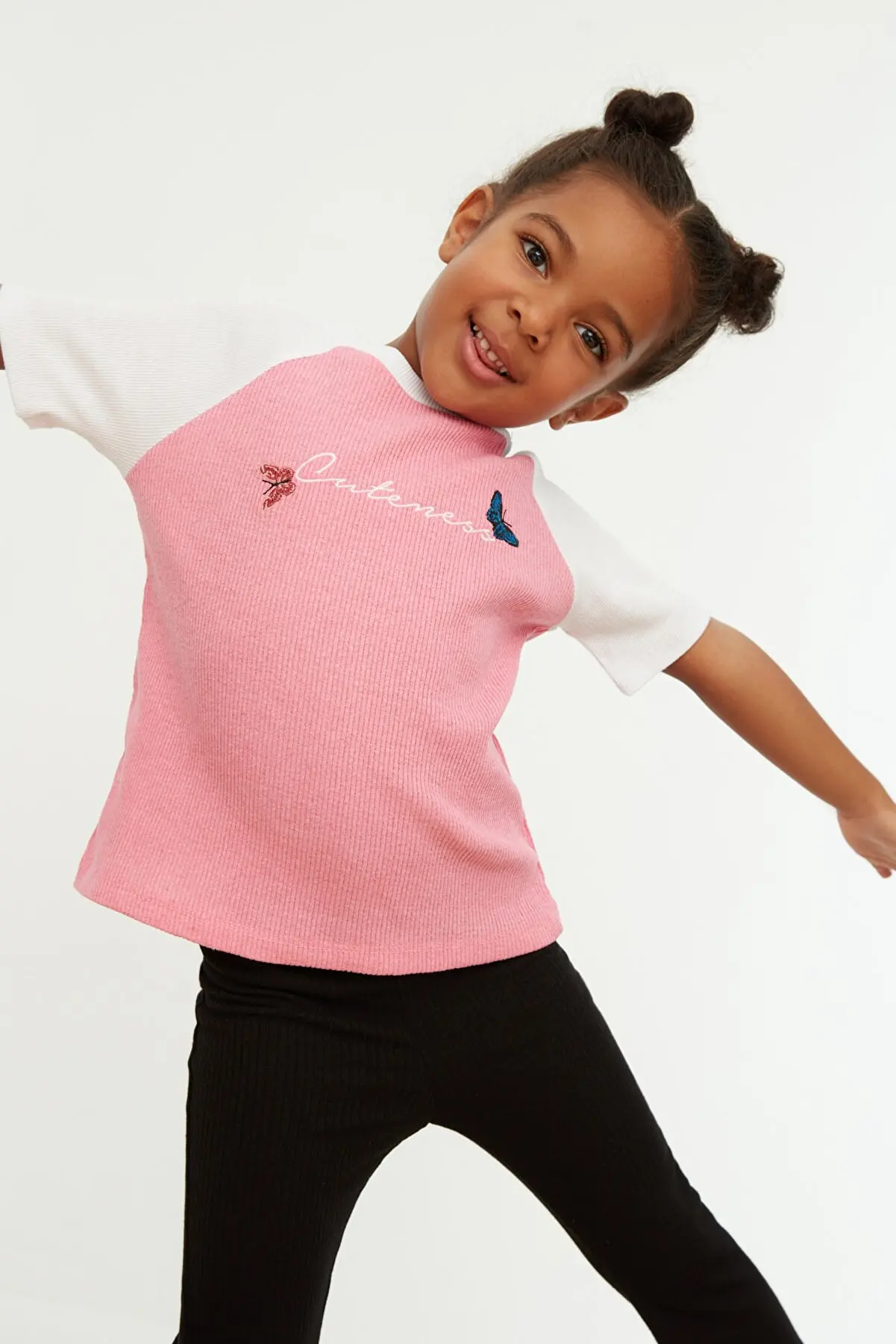 Pink Embroidery Detail Ribbed Female Child Knitted T-Shirt