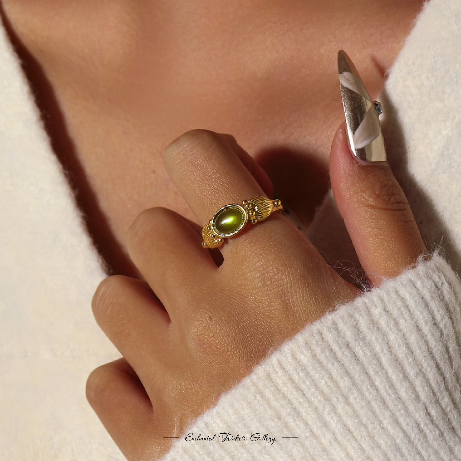 

YAJUNIEL 24K Gold Plated Adjustable Natural Green Crystal Ring for Women Hypoallergenic Brass Oval Gemstone Ring Jewelry Gifts