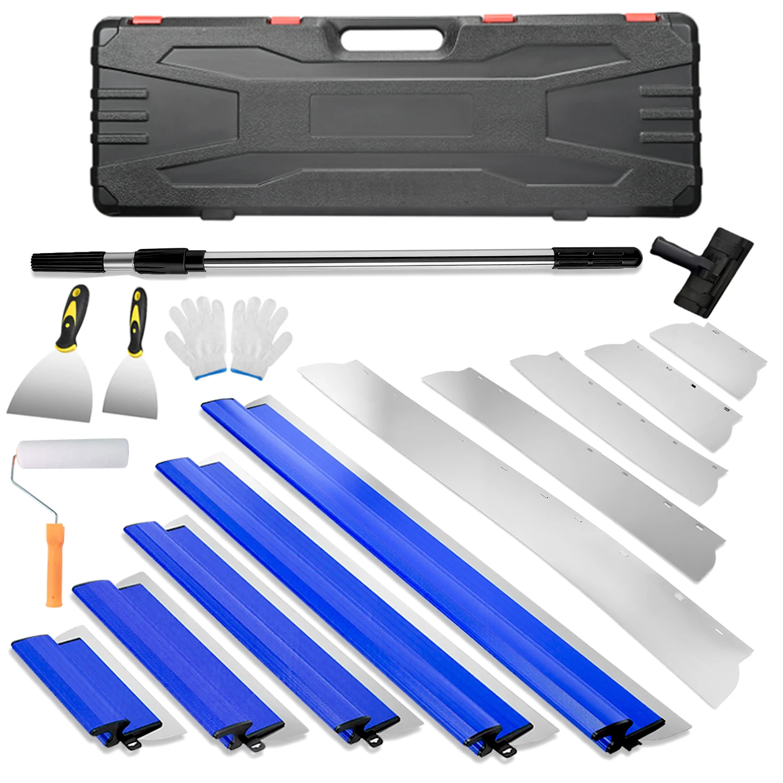 Lot de 4/5 lames à lisser pour plâtre et enduit mural, 25/40/60/80 cm, avec perche d'extension et boîte