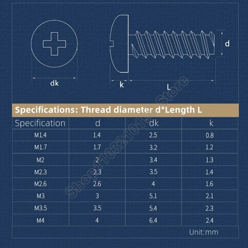 Black Cross Recessed Phillips Round Head Self-tapping Screw Flat Tail Carbon Steel M1.4,M1.7,M2,M2.3,M2.6,M3,M3.5,M4 Small Screw