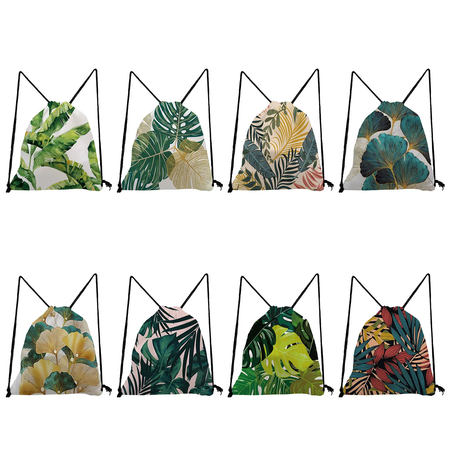 Gift Simple Custom Drawstring Pocket Green Leaf Printed Refreshing Practical School Bag Casual Backpacks for Students Shoes Bags