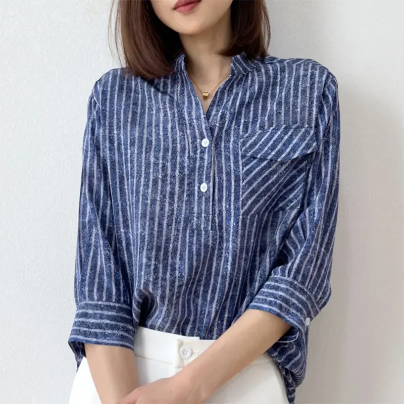 Damska jedwabna koszula 100% krepa morwowego Jedwab Niebieskie dżinsy z nadrukiem 3/4 Rękaw Pullover Top Bluzka Office Lady M L XL M1066 — zdjęcie 2