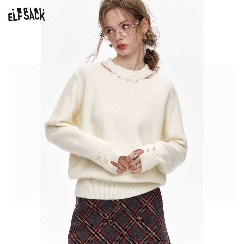 

ELFSACK 2024 Winter New Arrivals Sweet White Hollow Sweater Beaded Soft Long Sleeves Women