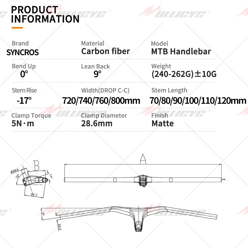 SYNCROS Mtb Handlebars 28.6mm-17Degree Carbon Integrated Cockpit Handlebar For Mountain Bike 660~800mm Bicycle Parts