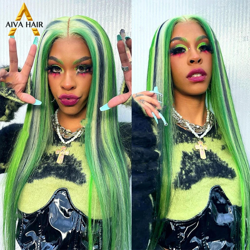 

Highlight Green Color Synthetic 13x4 Lace Front Wig Straight Heat Resistant Drag Queen Cosplay Wigs For Women Pre Plucked 180%