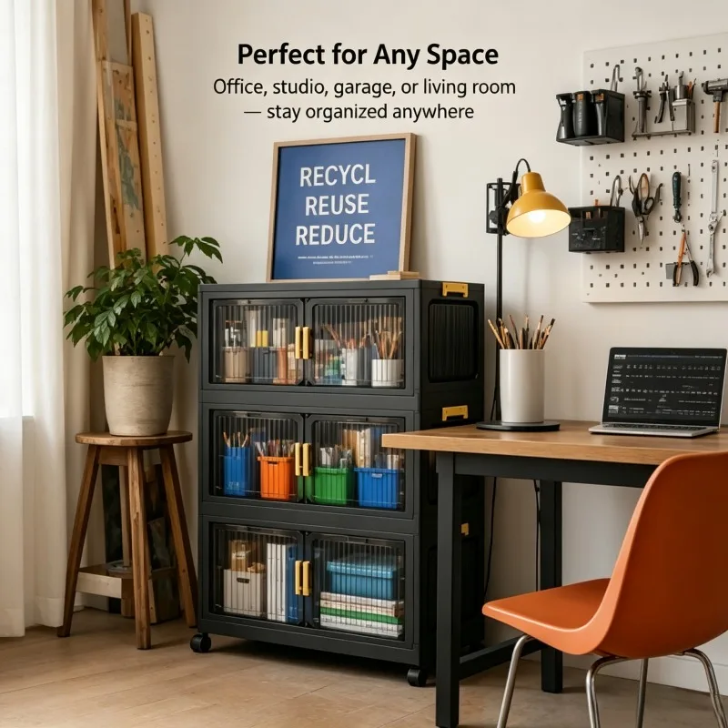 2/3/4/5-tier modular foldable stackable storage cabinets, no-assembly foldable storage boxes with vertical transparent double doors and gold handles, 360° swivel casters, perfect for office, living room, studio, classroom, garage—ideal for storing books,