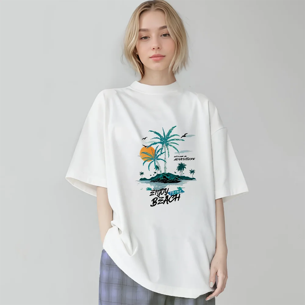 Sunset Island Coconut Trees Feeling 2025 Hot Women Graphic Tshirt Vintage Casual Streetwear Y2k Style Cotton Tee Fashion Loose