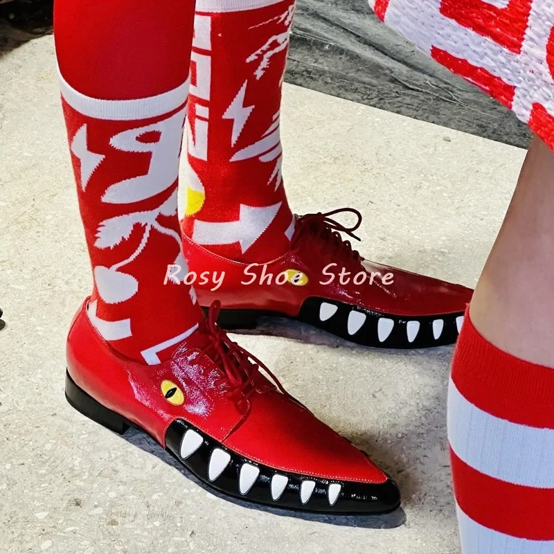 Men's Multicolor Crocodile Pattern Leather Shoe Weird Style Color Matching Point Toe Lace Up Stacked Heel Spring Summer Men Shoe