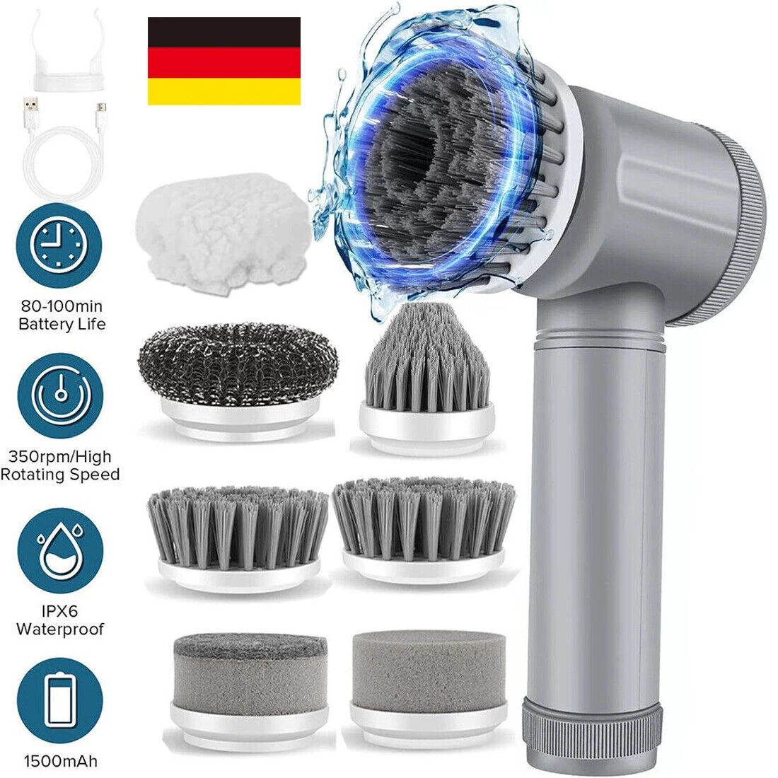 Brosse de nettoyage électrique sans fil rechargeable, rotative à 360°, multifonctionnelle pour la maison