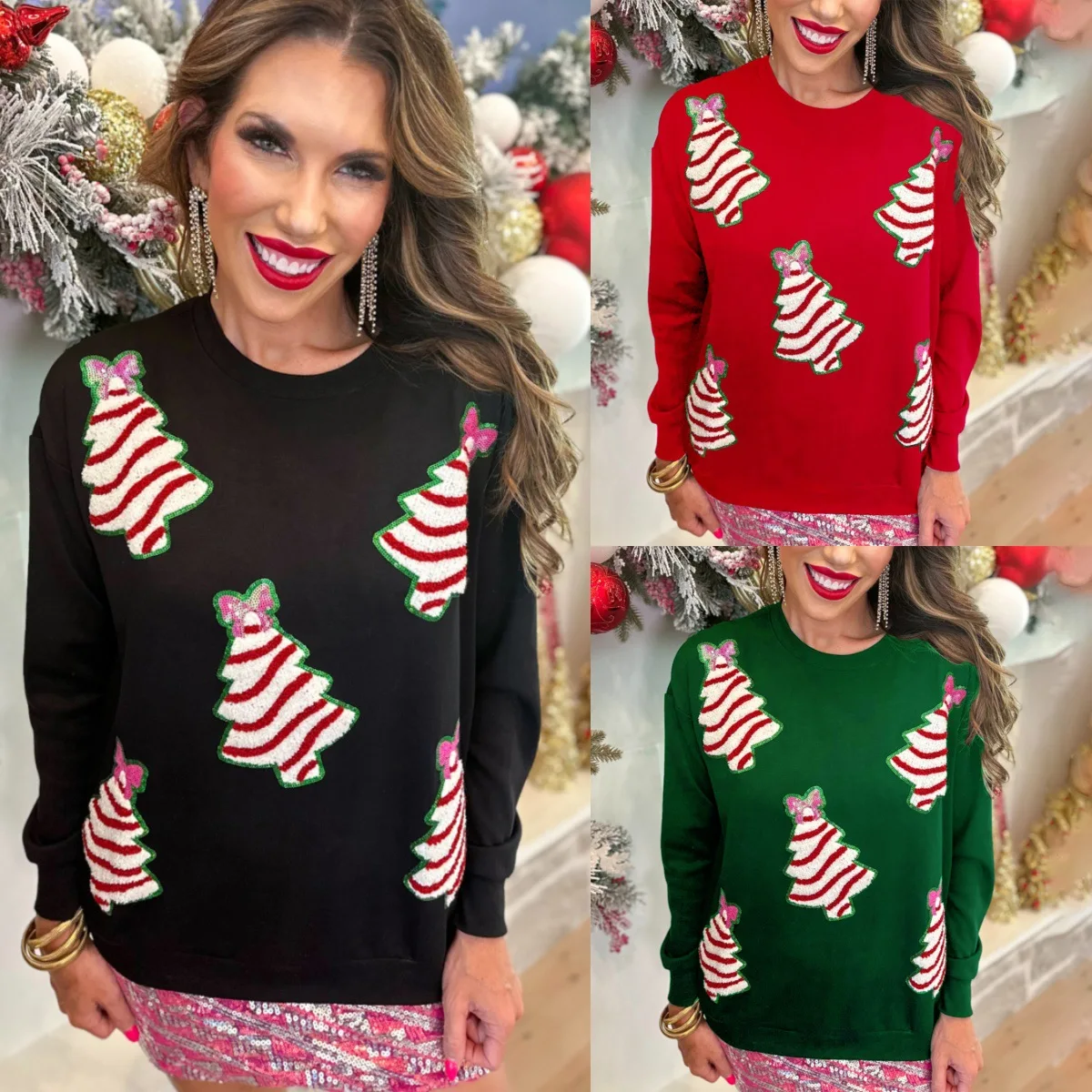 2024 Women sequin Christmas tree patch sweatshirt Long Sleeve Nutcracker Sweater pullover For New Years