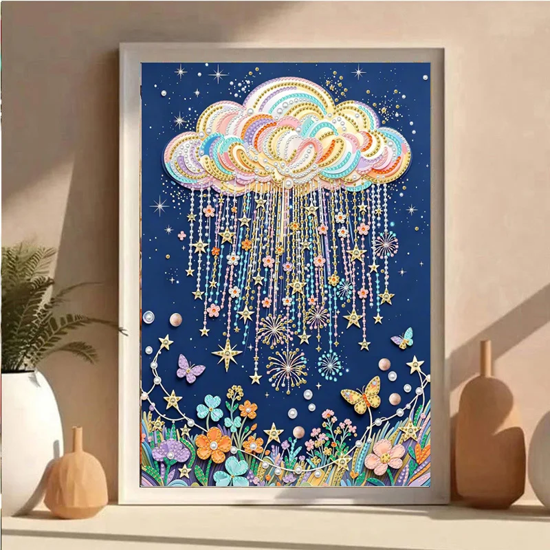 This AB diamond DIY painting set, featuring cloud and star designs, is ideal for adults and beginners alike.