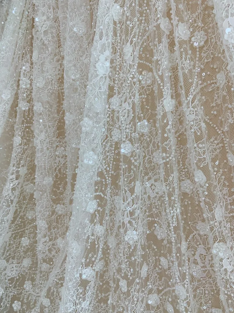 

1 yard White Bead Chantilly Lace Fabric With Sequins For Wedding Dress Veil, Bead Alencon Lace Fabric