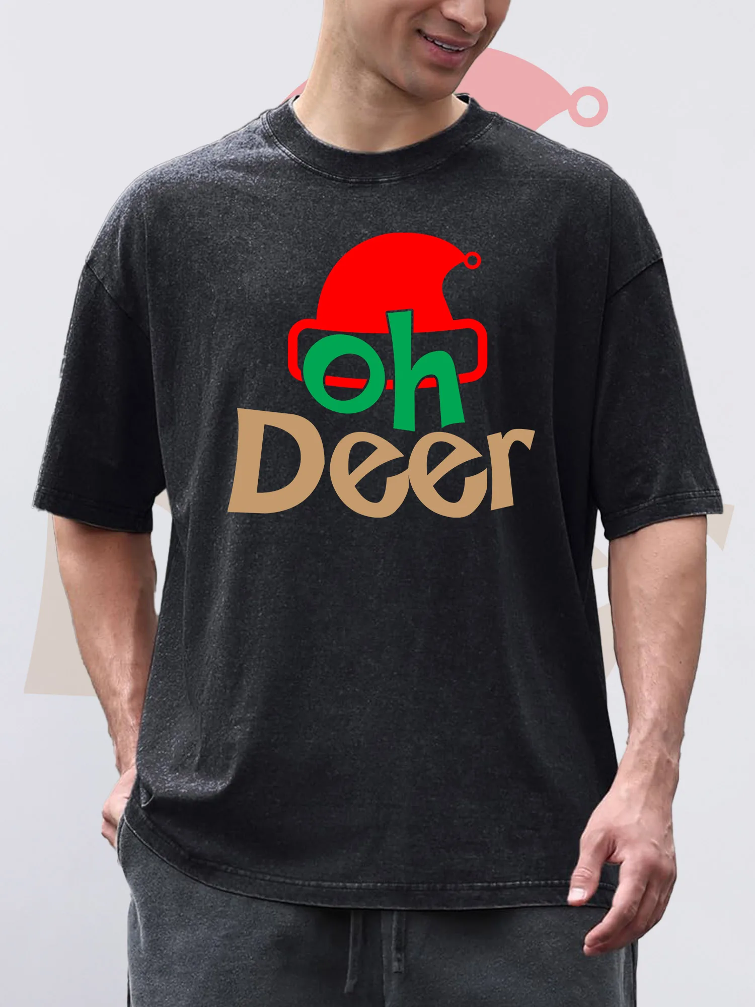 

Men's T-Shirts OH DEER Printed Black Short-Sleeved Round Neck 100% Pure Cotton Acid Wash Suitable For Christmas