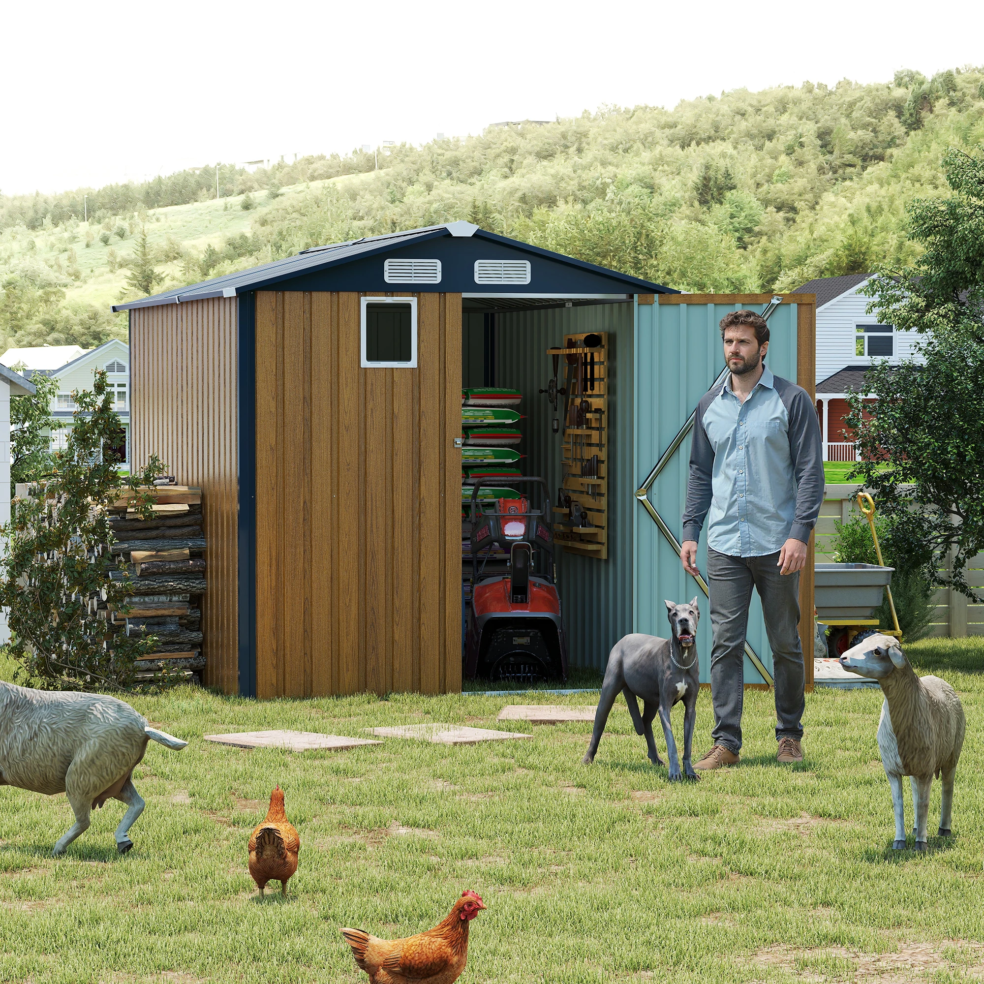 

6x8ft steel storage shed, clear window, lockable doors, compact metal shed, yellow (Yellow + Metal)'