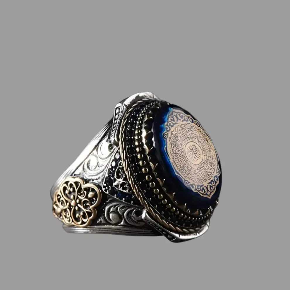 

Blue Amber Carved Surah Inshirah Men's Ring with Zircon Stone - Silver Engraved Jewelry - Ottoman Turkish Style