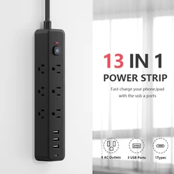 13-in-1 US Power Strip, Power Strip Surge Protector 9 AC Outlets 3 USB 1 Type-C, Desktop Charging Station With Overload Protecti