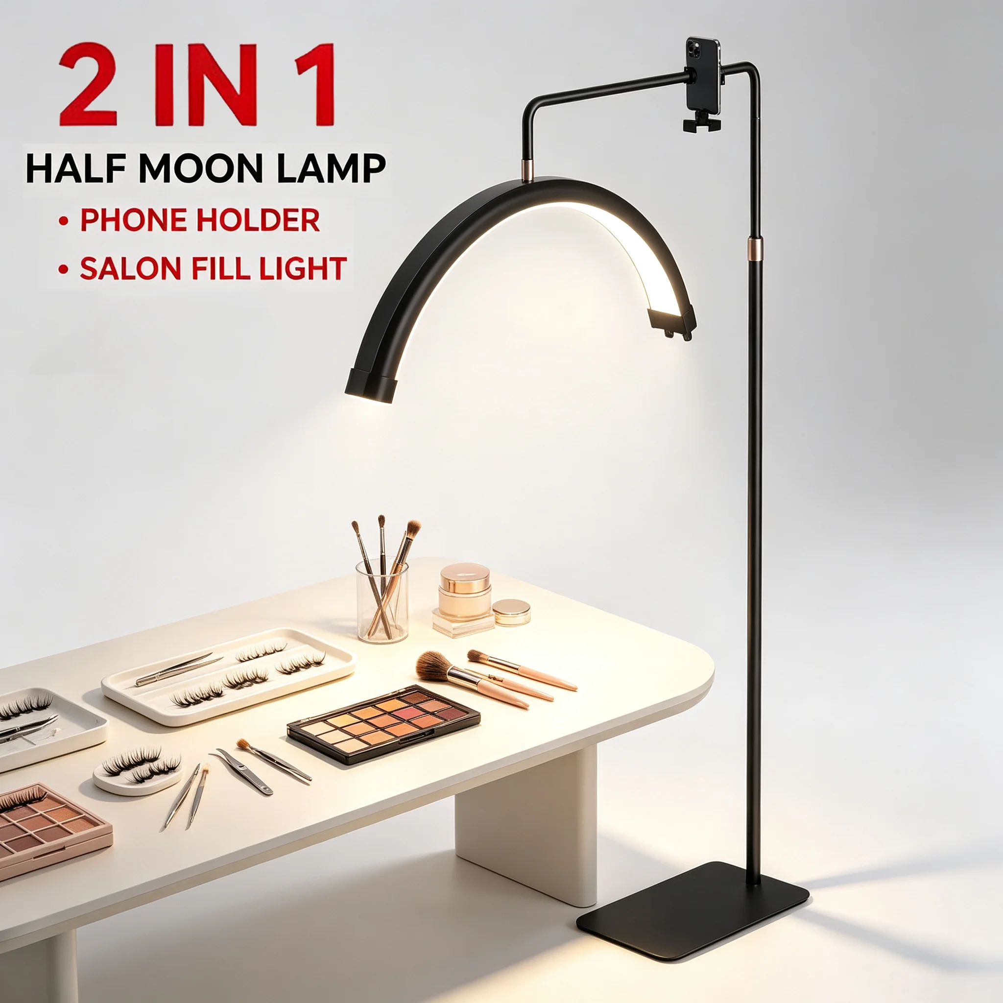 Lampe de sol LED demi-lune 2-en-1 réglable, lumière courbée pour cils, lampe de beauté sur pied pour extension de cils, tatouage, salon de manucure, é