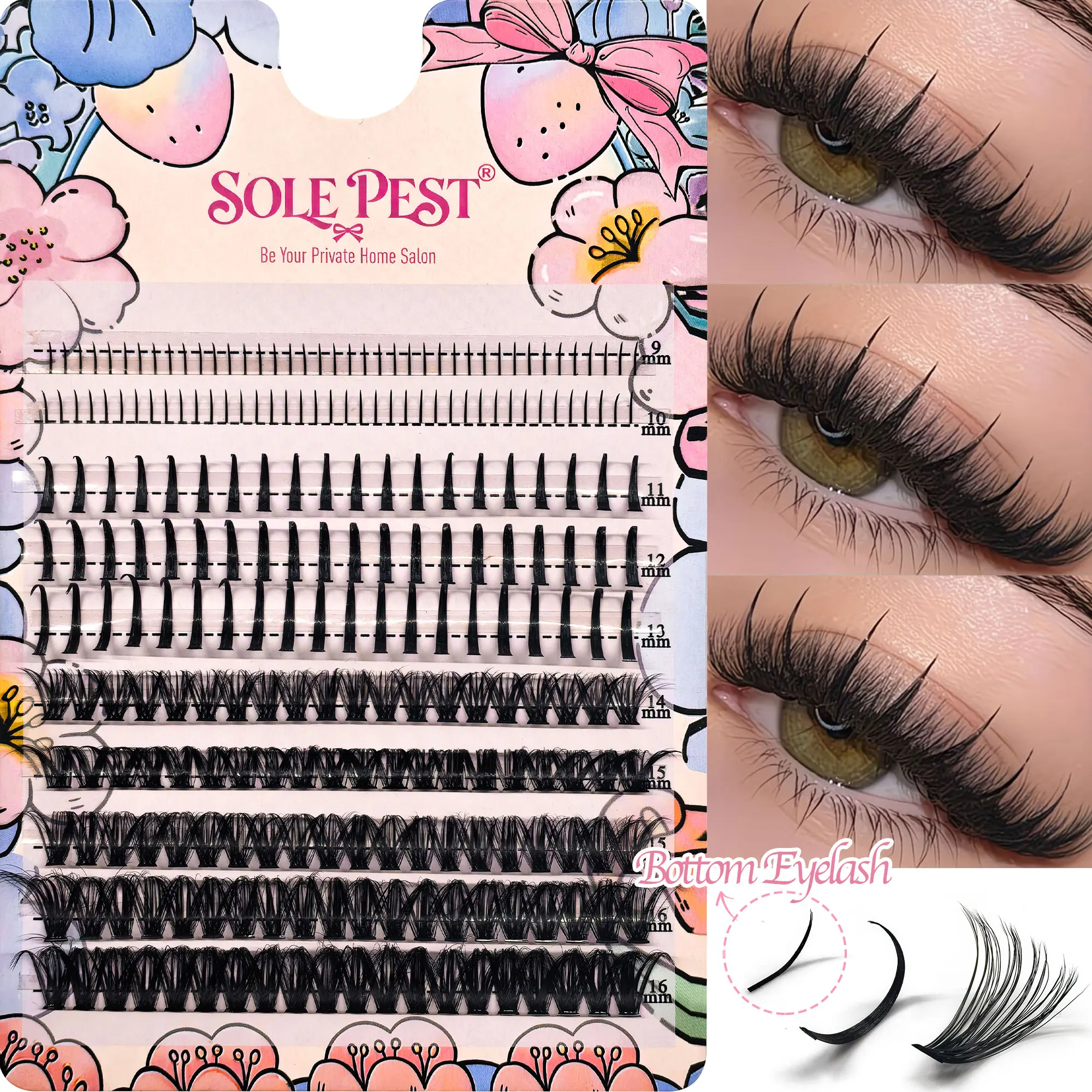 10 rows of D I Y false eyelashes, cartoon-style spiky eyelashes, including lower and upper eyelashes.